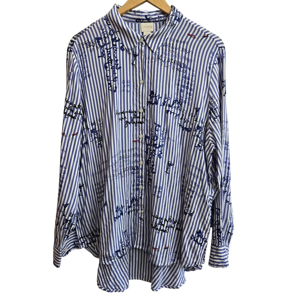 Chico’s Womens Artsy Eclectic Boho Hi Low Blue Stripe Button Up Shirt Size 3/ XL